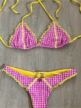 Beach Bunny Karissa Pink Gingham Triangle Bikini with Yellow Trim ruffles Med/XS